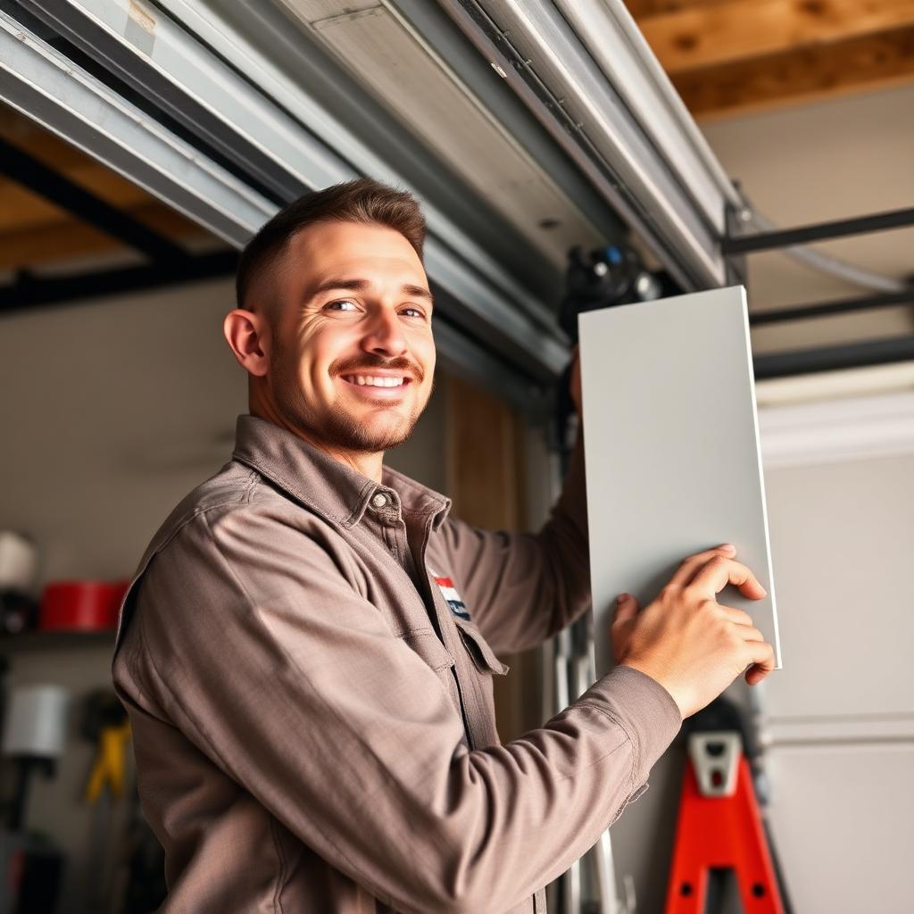 Professional garage door installer mounting new panel with expertise